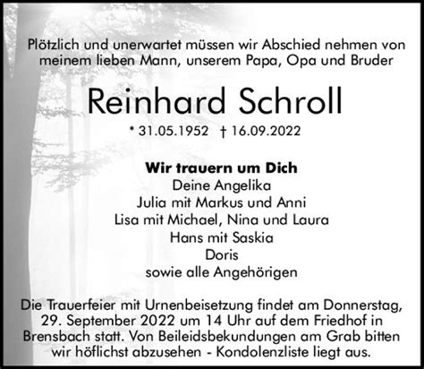 Traueranzeigen Von Reinhard Schroll Vrm Trauer De