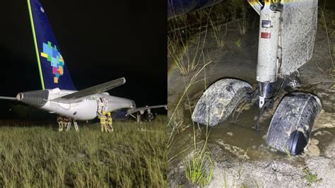 Vídeo mostra como ficou avião que saiu da pista ao pousar em aeroporto