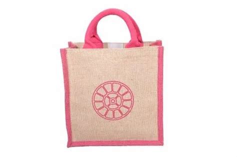 Loop Handle Printed Jute Cotton Shopping Bag Size 10x10x4 Inch