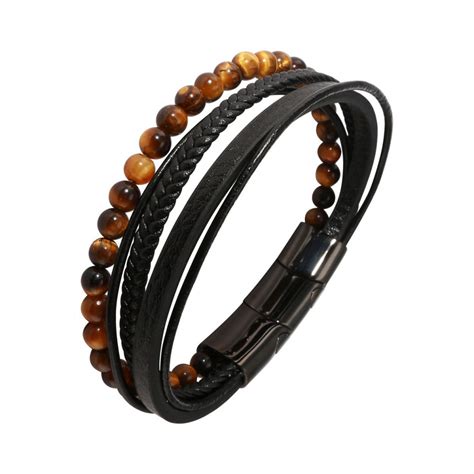 Bracelet Homme Multi Rangs Cuir Noir Et Oeil De Tigre Ref 53022