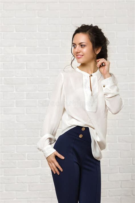 Beautiful Happy Brunette Woman In A White Blouse Stock Image Image Of Eyes Blouse 142840109