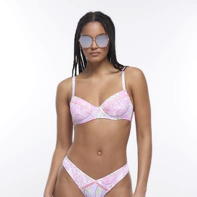 Purple Print Balconette Bikini Top River Island