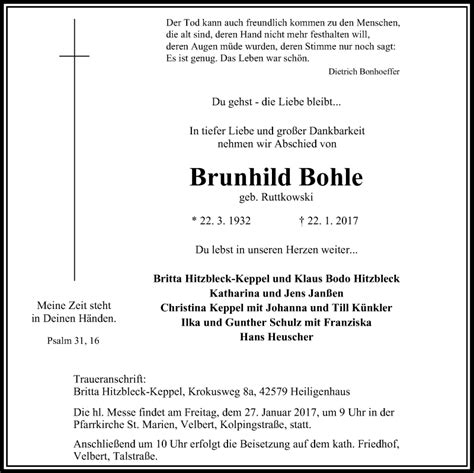 Traueranzeigen Von Brunhild Bohle Trauer In Nrw De