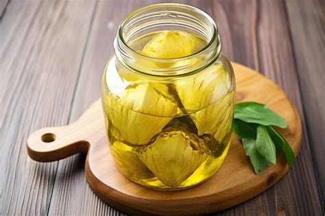Artichoke Hearts Preserved In A Glass Jar On A Wooden Surface Premium