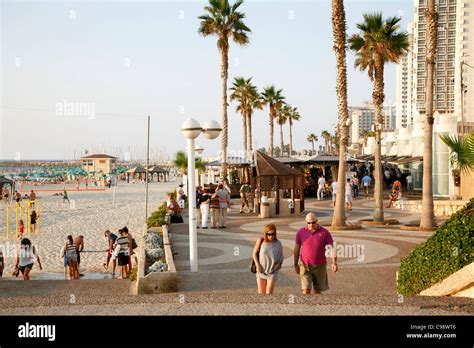 People Walking On The Tayelet Tel Avivs Beach Promenade Israel Stock