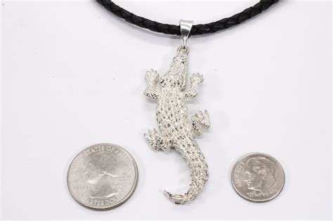 Giant Size Alligator Necklace On Leather Cord In 925 Sterling Silver