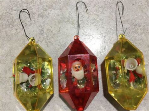 3 Vintage Jewel Brite Diorama Plastic Hexagon Christmas Ornament Santa