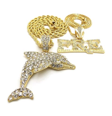 Hip Hop Full Iced Young Dolph Pre And Dolphin 24 And 30 Chain Set Gold