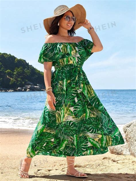 Shein Vcay Plus Size Tropical Print One Shoulder Slit Cruise Outfits