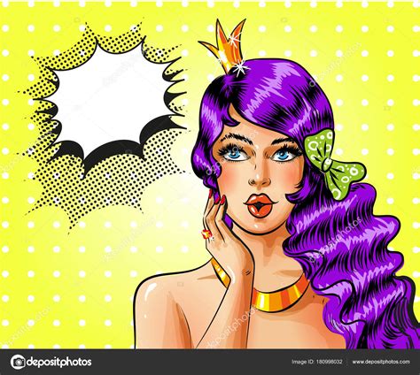 Vector Pop Art Beautiful Girl With Princess Crown On Head Stock Vector