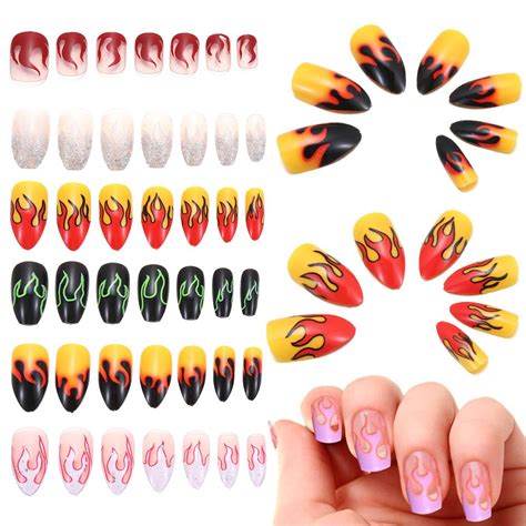 24pcs Box Flame False Nail Tips Stiletto Ballerina Coffin Full Cover