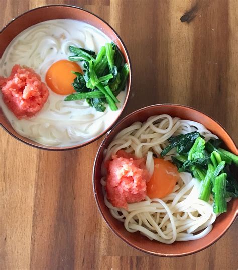 B あとで読む 【丸亀製麺のうどんが食べたくて！】丸亀製麺風の『明太釜玉うどん』と『明太クリーム釜玉』をミニサイズかつ荒業で作って