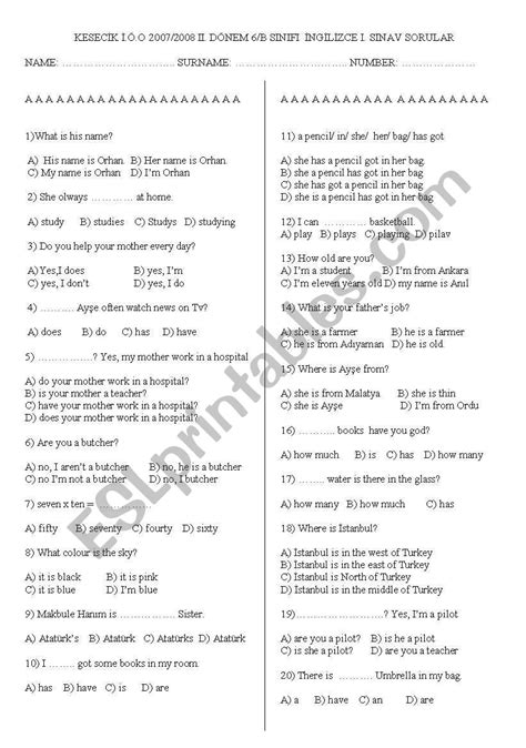 6th Grade Exam Esl Worksheet By Sudee