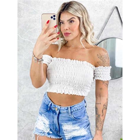 Blusa Feminina Blusinha Ciganinha Cropped Lastex Ombro A Ombro Manga