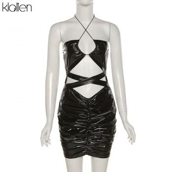 Fashion Sexy Hollow Out Bandage Solid Slim Stretch Pu Leather Dress Y K