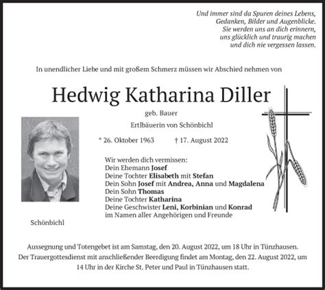 Traueranzeigen Von Hedwig Katharina Diller Trauer Merkur De