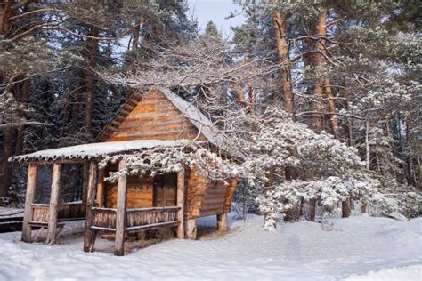 Forest Log Cabin in Winter Woods. Stock Photo - Image of forest, road ...