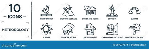 Meteorology Linear Icon Set Includes Thin Line Weathercock Comet And