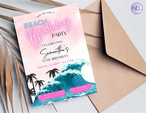 Editable Beach Birthday Party Invitation Beach Party Evite Any Age