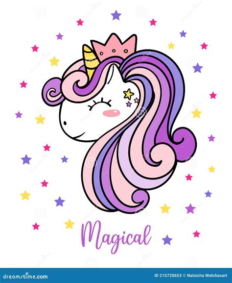 Cute Purple Baby Unicorn Magical Head Face Simple Doodle Outline Vector