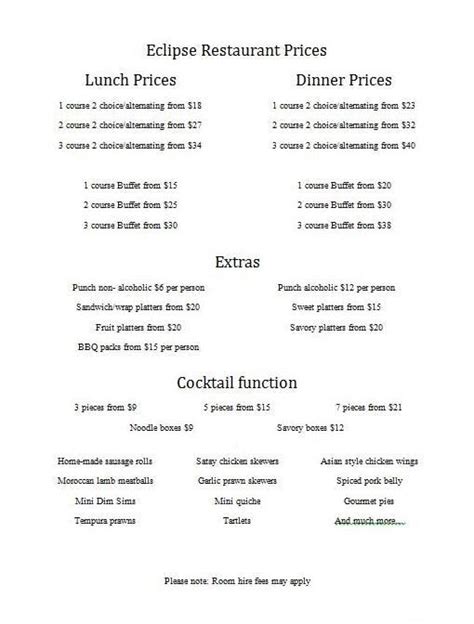 Menu at Eclipse Restaurant, Rockhampton City