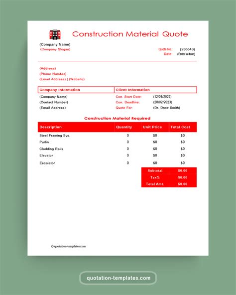 Construction Material Quote Quote Templates Free Quotation Template