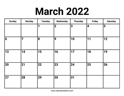 March 2022 Calendars – Calendar Options