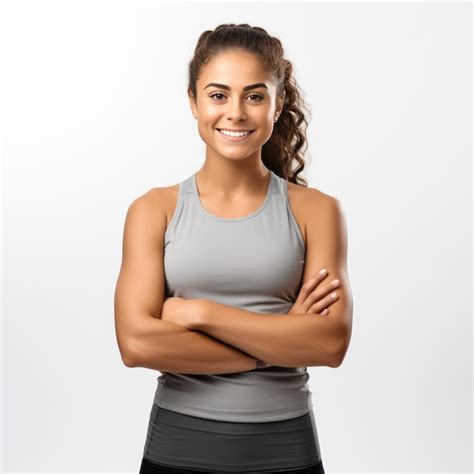 Mujer Deportiva Sonriendo Con Los Brazos Cruzados Sobre Fondo Blanco Ia