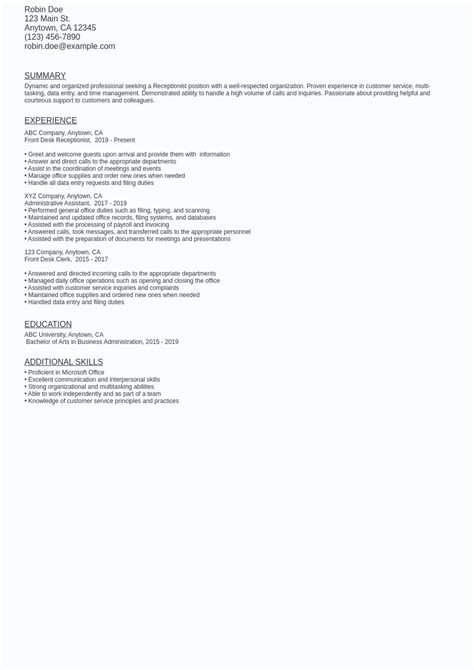 Receptionist Resume Sample Template Free Download