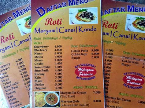 Carta Del Restaurante Roti Maryam Konde Cane Surakarta