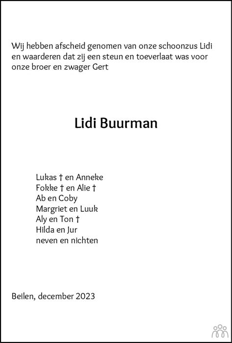 Lidi Buurman Overlijdensbericht En Condoleances Mensenlinq Nl