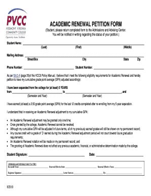 Fillable Online Pvcc Pvcc Academic Renewal Petition Form Pvcc Fax