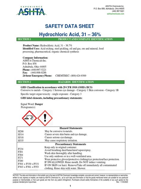 Safety Data Sheet Hydrochloric Acid 31 36 Section 1 Product And Company Identification