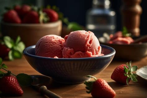 Premium Ai Image A Bowl Of Strawberry Ice Cream On A Wooden Table