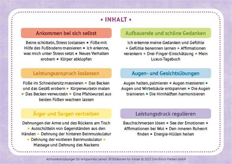 Achtsamkeitsübungen für entspanntes Lernen 30 Bildkarten für Kinder