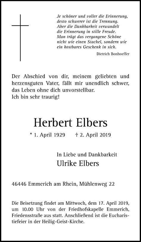 Traueranzeigen Von Herbert Elbers Trauer In NRW De