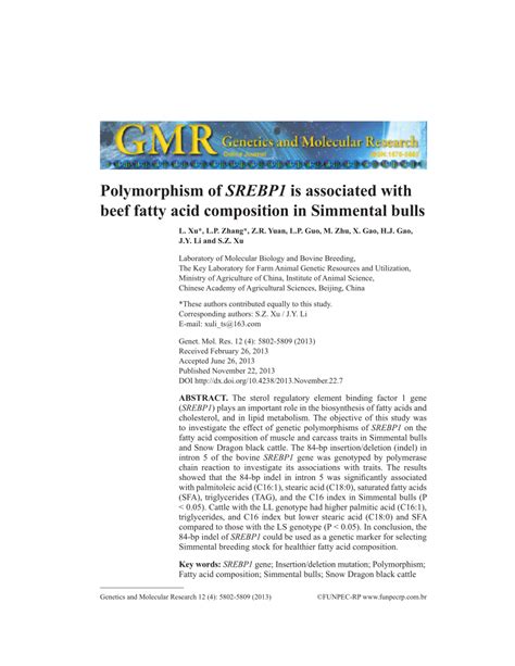 PDF Polymorphism Of SREBP1 Is Associated With Beef Fatty Acid