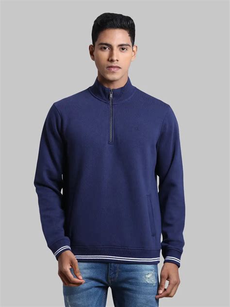 Men Blue Tailored Fit Solid Cotton Full Sleeve Henley Neck Collar Swea