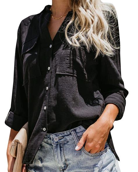 Womens Button Down V Neck Shirts Long Sleeve Blouse Roll Up Cuffed Sleeve Casual Work Plain Tops