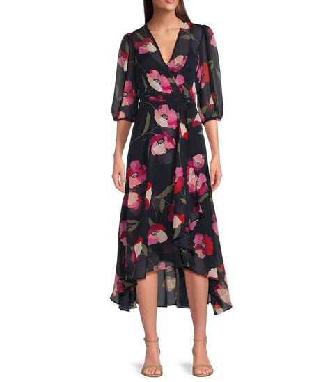 Calvin Klein 3 4 Sleeve V Neck Floral Chiffon Faux Wrap Midi Dress