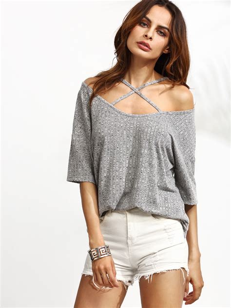 Ribbed Criss Cross Front Cold Shoulder T Shirt Shein Sheinside