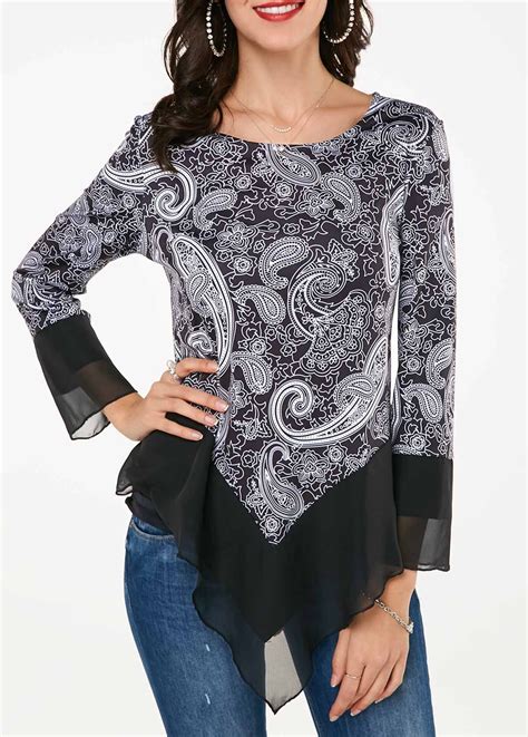 Asymmetric Hem Gauze Panel Paisley Print T Shirt Trendy Tops For