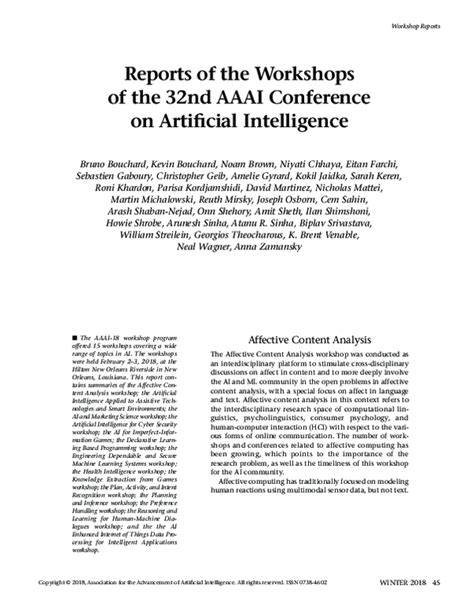 Pdf Reports Of The Workshops Of The 32nd Aaai Conference On