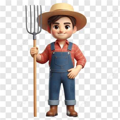 D Cartoon Character Of A Male Farmer Standing With Pitchfork Wearing