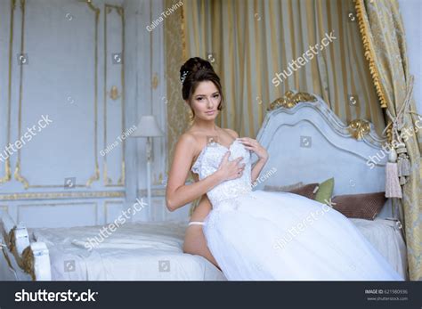 Beautiful Bride Lingerie Wearing Wedding Dress Stock Photo 621980936