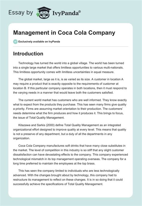 Management In Coca Cola Company 3325 Words Research Paper Example