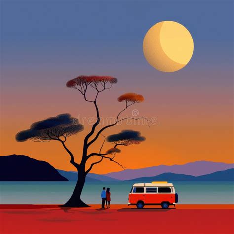 Rv Camping And Camper Van Concept Art Illustration Of Beautiful