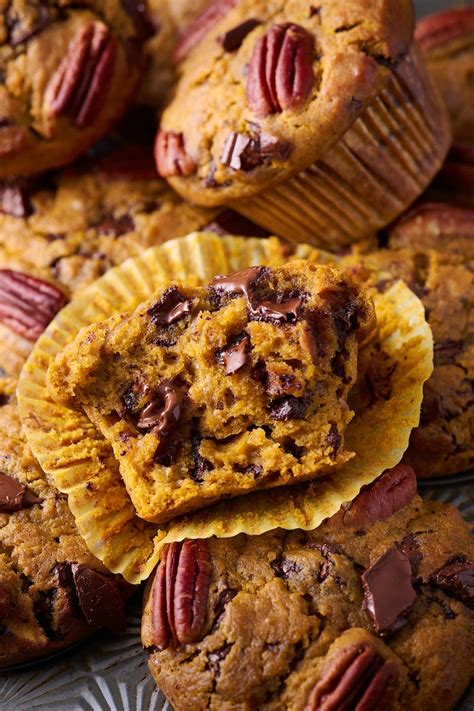 Bakery Style Pumpkin Muffins With Pecans And Chocolate Chunks