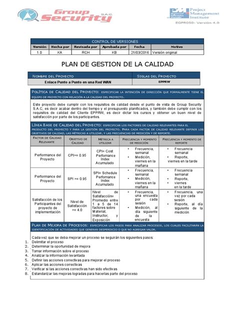 Plan De Gestión De La Calidad Pdf Gestión De La Calidad Calidad Comercial