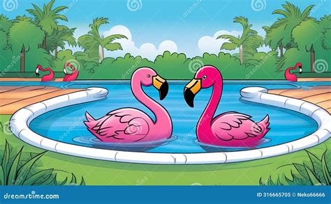 A Pink Flamingo Swims In The Pool Illustration Stock Illustration